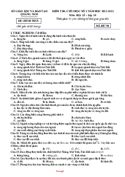Đề thi cuối học kì 1 địa lí 10 sở gd-đt quảng nam 2021-2022 (có đáp án)