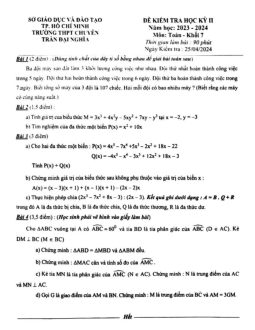 Đề thi học kỳ 2 Toán 7 năm 2023 – 2024 trường chuyên Trần Đại Nghĩa – TP HCM