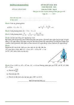 Đề thi giữa học kì 2 Toán 8 năm 2020 – 2021 trường THCS Kim Đồng – TP HCM