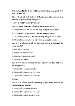 Trắc nghiệm Địa Lý 10 bài 6: Hệ quả chuyển động xung quanh Mặt Trời của Trái Đất