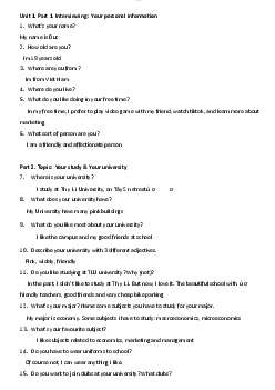 Bài kiểm tra speaking Tiếng Anh 1 | Tiếng Anh 1 | Trường Đại học Thủy Lợi