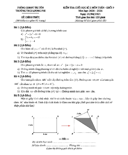 Đề thi cuối học kì 2 Toán 9 năm 2020 – 2021 trường THCS Lương Phi – An Giang