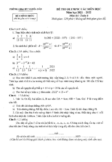Đề thi Olympic Toán 6 năm 2021 – 2022 phòng GD&ĐT Nghĩa Đàn – Nghệ An