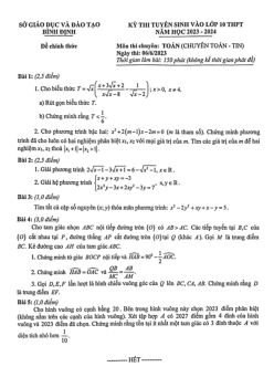 Đề tuyển sinh lớp 10 môn Toán (chuyên) năm 2023 – 2024 sở GD&ĐT Bình Định