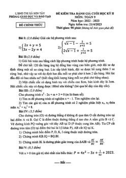 Đề cuối học kỳ 2 Toán 9 năm 2022 – 2023 phòng GD&ĐT Sơn Tây – Hà Nội