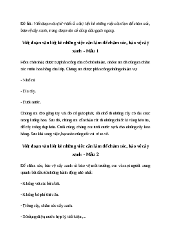 Viết đoạn văn liệt kê những việc cần làm để chăm sóc, bảo vệ cây xanh Tiếng việt 4 Chân trời sáng tạo