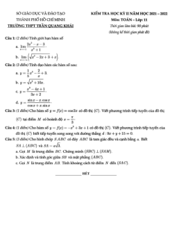 Đề học kỳ 2 Toán 11 năm 2021 – 2022 trường THPT Trần Quang Khải – TP HCM