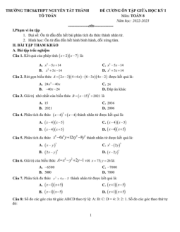 Đề cương Toán 8 giữa kỳ 1 năm 2022 – 2023 trường Nguyễn Tất Thành – Hà Nội