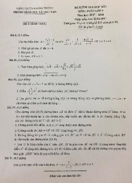 Đề kiểm tra HK1 Toán 9 năm học 2017 – 2018 phòng GD và ĐT Hai Bà Trưng – Hà Nội