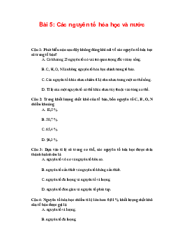Trắc nghiệm Sinh học 10 Bài 5: Các nguyên tố hóa học và nước | Chân trời sáng tạo