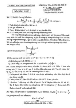 Đề thi giữa học kì 2 Toán 9 năm 2023 – 2024 trường THCS Trưng Vương – Hà Nội