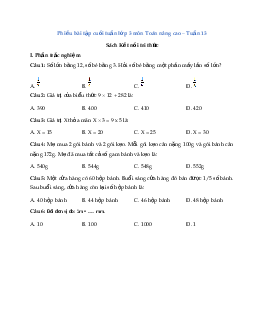 Phiếu bài tập cuối tuần lớp 3 môn Toán - Tuần 13 (Nâng cao) | Kết nối tri thức