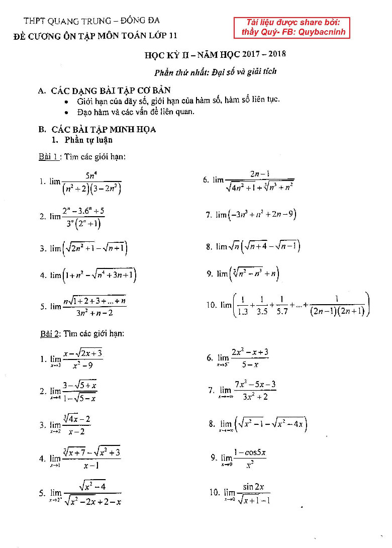 Đề cương ôn tập Toán 11 HK2 năm 2017 – 2018 trường Quang Trung – Hà Nội