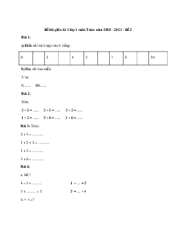 Đề thi giữa kì 1 lớp 1 môn Toán năm 2020 - 2021 - Đề 2