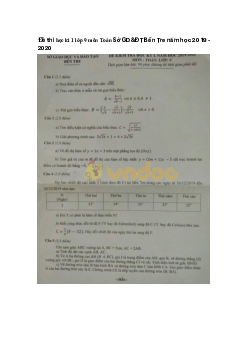 Đề thi học kì 1 lớp 9 môn Toán Sở GD&ĐT Bến Tre năm học 2019 - 2020