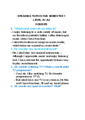 Speaking Topics FOR Semester 1 - English A2| Đại học Sư Phạm Hà Nội