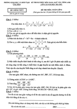 Đề Olympic Toán 8 năm 2021 – 2022 phòng GD&ĐT Ứng Hòa – Hà Nội