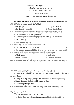 Đề thi học kì 1 lớp 5 môn Khoa học năm 2020 - 2021
