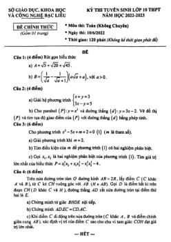 Đề tuyển sinh lớp 10 môn Toán (không chuyên) năm 2022 – 2023 sở GDKHCN Bạc Liêu