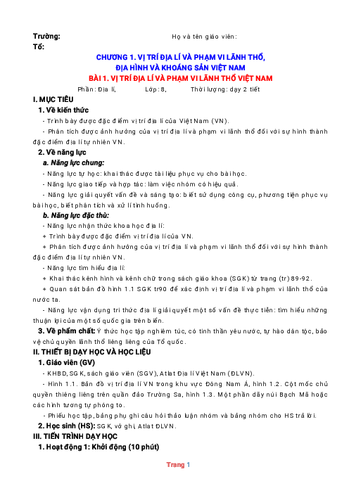 Giáo án Địa lí lớp 8 Cánh diều học kỳ 1 phương pháp mới