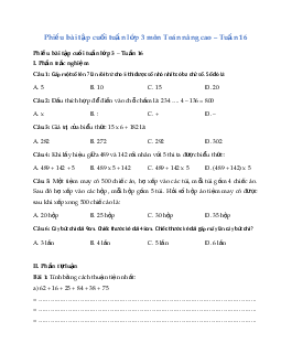 Phiếu bài tập cuối tuần lớp 3 môn Toán - Tuần 16 (Nâng cao) | Kết nối tri thức