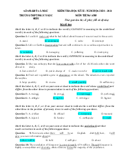 Đề thi học kì 2 lớp 12 môn Tiếng Anh trường THPT Phan Ngọc Hiển, Cà Mau năm học 2020 - 2021