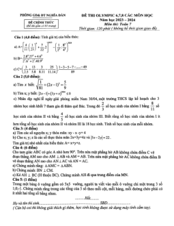 Đề thi Olympic Toán 7 năm 2023 – 2024 phòng GD&ĐT Nghĩa Đàn – Nghệ An