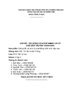 Dopamine dressing và cơ chế dẫn truyền thần kinh | Giải phẫu và sinh lý hoạt động thần kinh cấp cao | Đại học Khoa học Xã hội và Nhân văn, Đại học Quốc gia Thành phố HCM