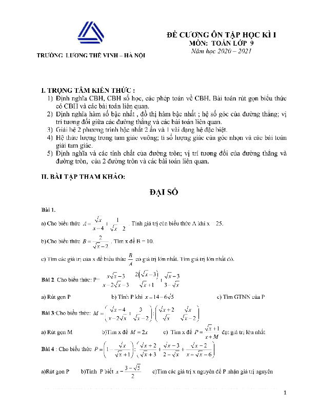 Đề cương ôn tập học kì 1 Toán 9 năm 2020 – 2021 trường Lương Thế Vinh – Hà Nội