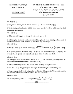 Đề thi chọn HSG tỉnh Toán 12 THPT năm 2021 – 2022 sở GD&ĐT Quảng Bình