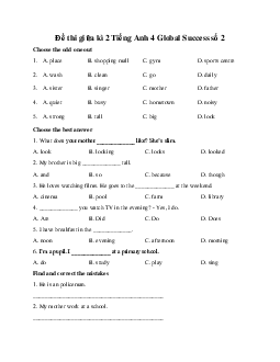 Đề thi giữa kì 2 Tiếng Anh 4 Global Success số 2