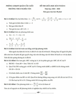 Đề thi giữa học kì 2 Toán 8 năm 2021 – 2022 trường THCS Nghĩa Tân – Hà Nội