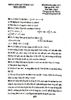 Đề thi học kỳ 1 Toán 6 năm học 2018 – 2019 phòng GD và ĐT Tân Phú – TP. HCM