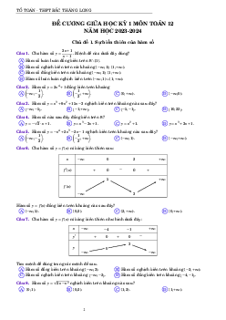Đề cương giữa kỳ 1 Toán 12 năm 2023 – 2024 trường THPT Bắc Thăng Long – Hà Nội