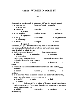 Unit 15: Women in Society - Test 1 | Tiếng anh 12