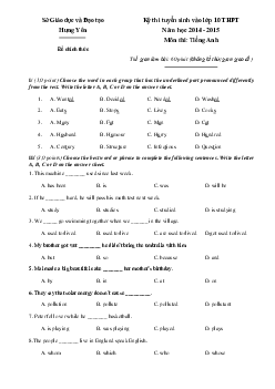 Đề thi tuyển sinh vào lớp 10 môn Tiếng Anh năm học 2014 - 2015 tỉnh Hưng Yên