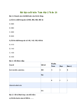 Bài tập cuối tuần lớp 2 môn Toán Kết nối tri thức - Tuần 25