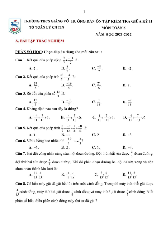 Hướng dẫn ôn tập giữa kỳ 2 Toán 6 năm 2021 – 2022 trường THCS Giảng Võ – Hà Nội