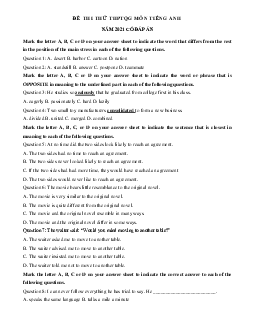 Đề thi thử THPT Quốc gia môn Tiếng Anh năm 2021 trường THPT Quang Trung lần 1 (có đáp án)