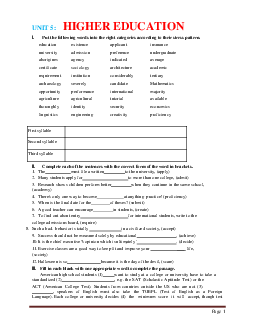 Bài tập Tiếng Anh 12 Unit 5: Higher education (có đáp án)