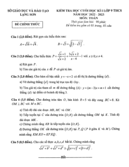 Đề kiểm tra cuối học kì 1 Toán 9 năm 2022 – 2023 sở GD&ĐT Lạng Sơn