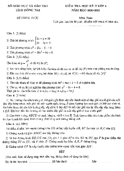 Đề kiểm tra học kỳ 2 Toán 9 năm 2020 – 2021 sở GD&ĐT tỉnh Đồng Nai