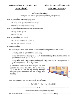 Đề giữa học kỳ 1 Toán 8 năm 2022 – 2023 phòng GD&ĐT Tây Hồ – Hà Nội