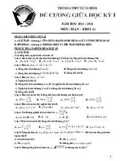 Đề cương giữa kỳ 1 Toán 12 năm 2023 – 2024 trường THPT Xuân Đỉnh – Hà Nội