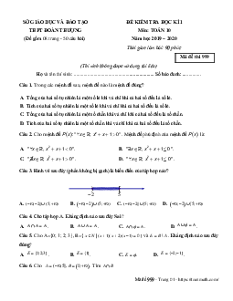 Đề thi học kì 1 Toán 10 năm 2019 – 2020 trường Đoàn Thượng – Hải Dương