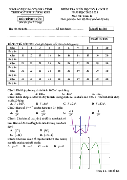 Đề giữa kỳ 1 Toán 12 năm 2022 – 2023 trường THPT Hương Khê – Hà Tĩnh