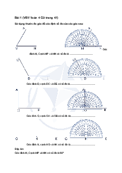 Vở bài tập Toán lớp 4 trang 47 Bài 20: Đơn vị đo góc Độ (°) Cánh diều
