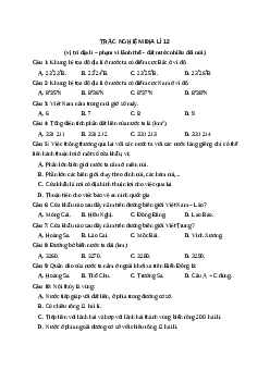 Trắc nghiệm Địa Lý 12: Vị trí địa lí – Phạm vi lãnh thổ - Đất nước nhiều đồi núi