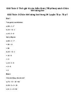Giải Toán 3: Tính giá trị của biểu thức (tiếp theo) | Chân trời sáng tạo