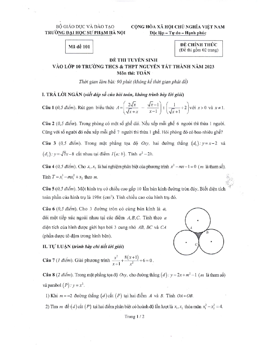 Đề tuyển sinh lớp 10 môn Toán năm 2023 trường Nguyễn Tất Thành – Hà Nội